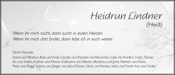Traueranzeige von Heidrun Lindner von Gesamtausgabe Nürnberger Nachrichten/ Nürnberger Ztg.