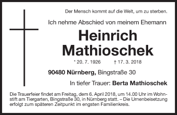 Traueranzeige von Heinrich Mathioschek von Gesamtausgabe Nürnberger Nachrichten/ Nürnberger Ztg.