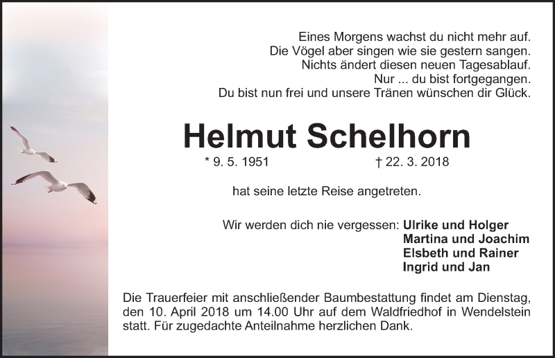  Traueranzeige für Helmut Schelhorn vom 07.04.2018 aus Gesamtausgabe Nürnberger Nachrichten/ Nürnberger Ztg.