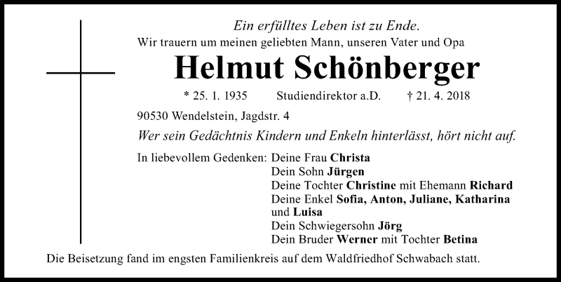  Traueranzeige für Helmut Schönberger vom 28.04.2018 aus Gesamtausgabe Nürnberger Nachrichten/ Nürnberger Ztg.