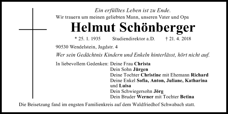  Traueranzeige für Helmut Schönberger vom 28.04.2018 aus Schwabach
