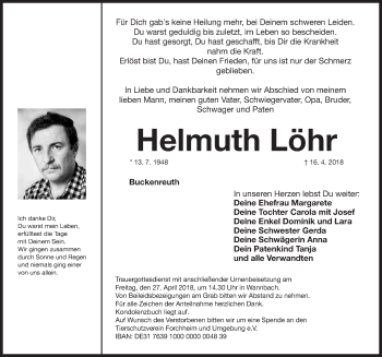Traueranzeige von Helmuth Löhr von Nordbayerische Nachrichten Forchheim Lokal