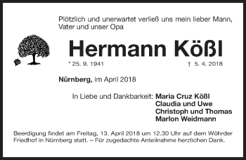 Traueranzeige von Hermann Kößl von Gesamtausgabe Nürnberger Nachrichten/ Nürnberger Ztg.