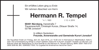 Traueranzeige von Hermann Tempel von Gesamtausgabe Nürnberger Nachrichten/ Nürnberger Ztg.