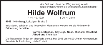 Traueranzeige von Hilde Wolfrum von Gesamtausgabe Nürnberger Nachrichten/ Nürnberger Ztg.