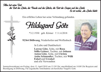 Traueranzeige von Hildegard Götz von Neumarkter Nachrichten Lokal