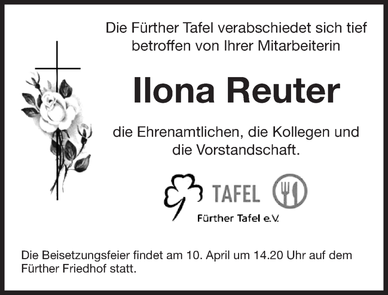  Traueranzeige für Ilona Reuter vom 07.04.2018 aus Fürther Nachrichten Lokal