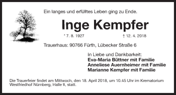 Traueranzeige von Inge Kempfer von Gesamtausgabe Nürnberger Nachrichten/ Nürnberger Ztg.