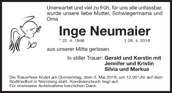 Traueranzeige von Inge Neumaier von Gesamtausgabe Nürnberger Nachrichten/ Nürnberger Ztg.