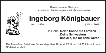 Traueranzeige von Ingeborg Königbauer von Gesamtausgabe Nürnberger Nachrichten/ Nürnberger Ztg.