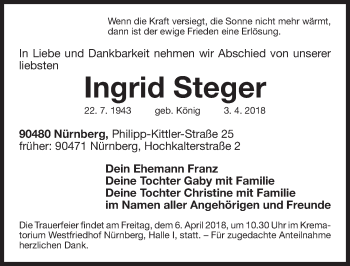 Traueranzeige von Ingrid Steger von Gesamtausgabe Nürnberger Nachrichten/ Nürnberger Ztg.