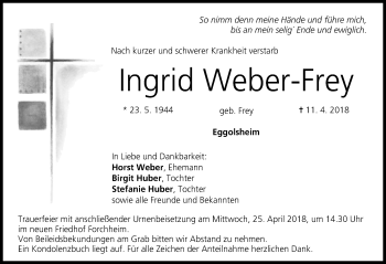Traueranzeige von Ingrid Weber-Frey von Nordbayerische Nachrichten Forchheim Lokal