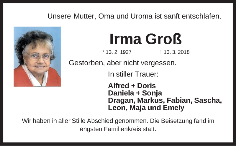  Traueranzeige für Irma Groß vom 11.04.2018 aus Fürther Nachrichten Lokal