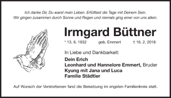 Traueranzeige von Irmgard Büttner von Fürther Nachrichten Lokal