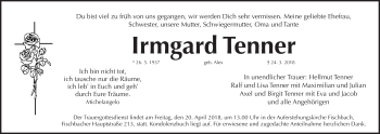 Traueranzeige von Irmgard Tenner von Gesamtausgabe Nürnberger Nachrichten/ Nürnberger Ztg.