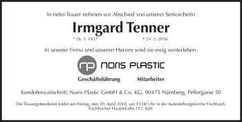 Traueranzeige von Irmgard Tenner von Gesamtausgabe Nürnberger Nachrichten/ Nürnberger Ztg.