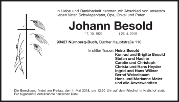 Traueranzeige von Johann Besold von Gesamtausgabe Nürnberger Nachrichten/ Nürnberger Ztg.