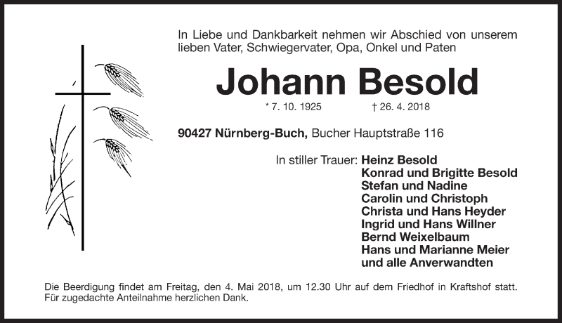  Traueranzeige für Johann Besold vom 30.04.2018 aus Gesamtausgabe Nürnberger Nachrichten/ Nürnberger Ztg.