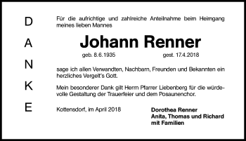 Traueranzeige von Johann Renner von Schwabach