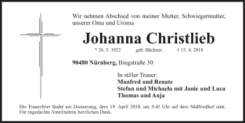 Traueranzeige von Johanna Christlieb von Gesamtausgabe Nürnberger Nachrichten/ Nürnberger Ztg.
