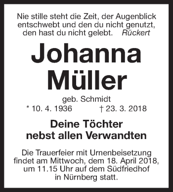 Traueranzeige von Johanna Müller von Gesamtausgabe Nürnberger Nachrichten/ Nürnberger Ztg.