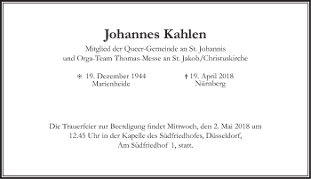 Traueranzeige von Johannes Kahlen von Gesamtausgabe Nürnberger Nachrichten/ Nürnberger Ztg.
