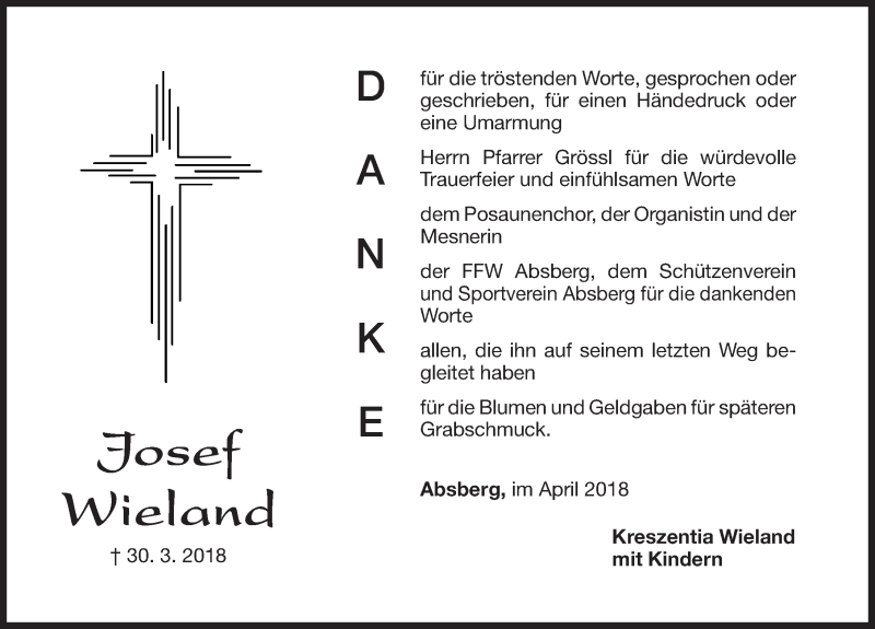 Traueranzeige für Josef Wieland vom 14.04.2018 aus Altmühl-Bote Lokal
