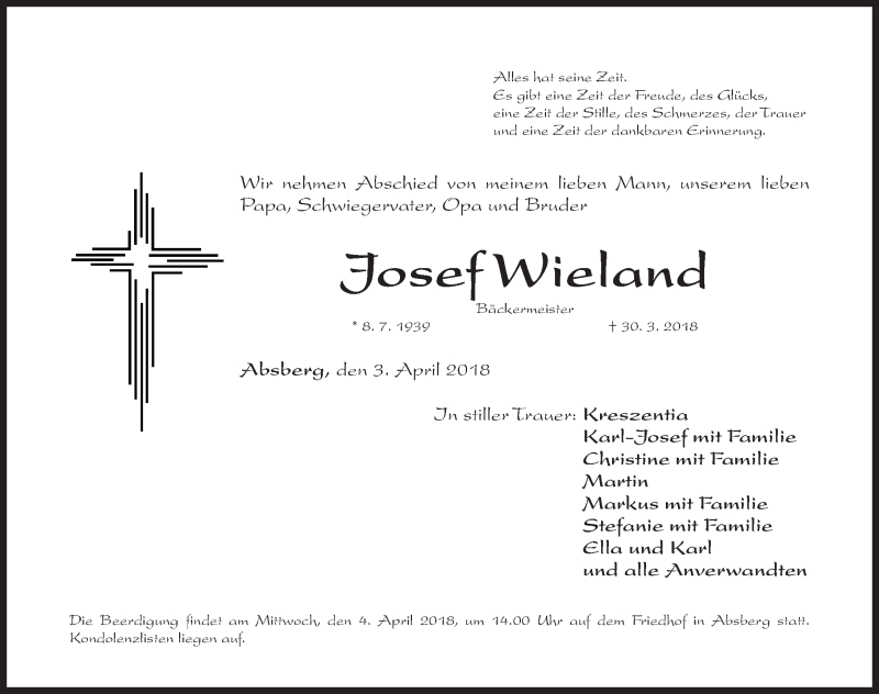  Traueranzeige für Josef Wieland vom 03.04.2018 aus Altmühl-Bote Lokal