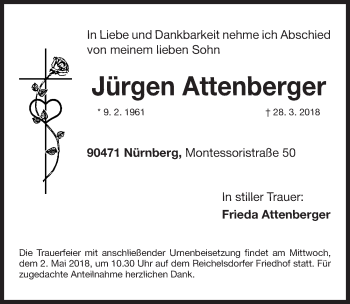 Traueranzeige von Jürgen Attenberger von Gesamtausgabe Nürnberger Nachrichten/ Nürnberger Ztg.