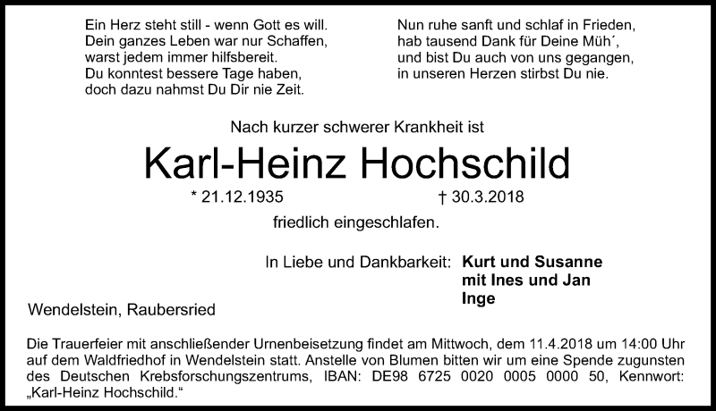  Traueranzeige für Karl-Heinz Hochschild vom 07.04.2018 aus Gesamtausgabe Nürnberger Nachrichten/ Nürnberger Ztg.