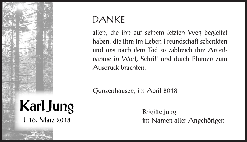  Traueranzeige für Karl Jung vom 07.04.2018 aus Altmühl-Bote Lokal