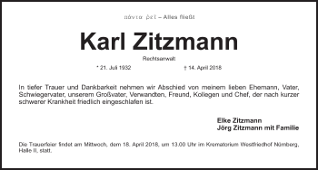 Traueranzeige von Karl Zitzmann von Gesamtausgabe Nürnberger Nachrichten/ Nürnberger Ztg.