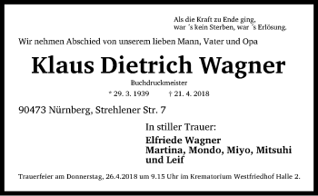 Traueranzeige von Klaus Dietrich Wagner von Gesamtausgabe Nürnberger Nachrichten/ Nürnberger Ztg.