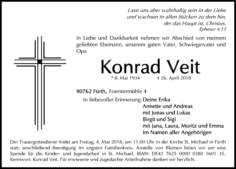  Traueranzeige für Konrad Veit vom 28.04.2018 aus Fürther Nachrichten Lokal