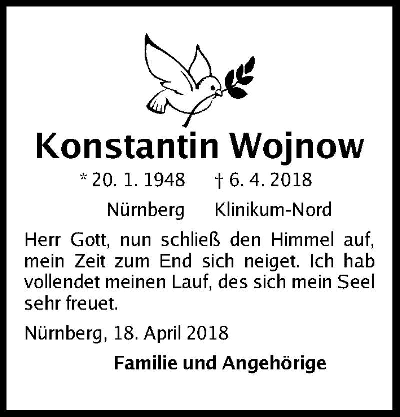  Traueranzeige für Konstantin Wojnow vom 21.04.2018 aus Gesamtausgabe Nürnberger Nachrichten/ Nürnberger Ztg.
