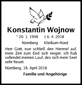Traueranzeige von Konstantin Wojnow von Gesamtausgabe Nürnberger Nachrichten/ Nürnberger Ztg.