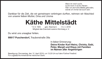 Traueranzeige von Käthe Mittelstädt von Fürther Nachrichten Lokal