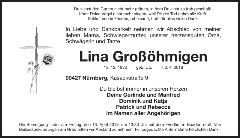  Traueranzeige für Lina Großöhmigen vom 11.04.2018 aus Gesamtausgabe Nürnberger Nachrichten/ Nürnberger Ztg.