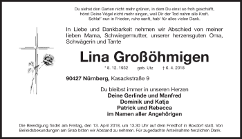 Traueranzeige von Lina Großöhmigen von Gesamtausgabe Nürnberger Nachrichten/ Nürnberger Ztg.