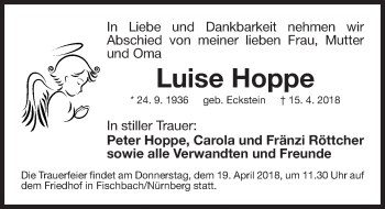 Traueranzeige von Luise Hoppe von Gesamtausgabe Nürnberger Nachrichten/ Nürnberger Ztg.
