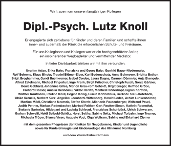 Traueranzeige von Lutz Knoll von Gesamtausgabe Nürnberger Nachrichten/ Nürnberger Ztg.