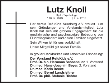Traueranzeige von Lutz Knoll von Gesamtausgabe Nürnberger Nachrichten/ Nürnberger Ztg.