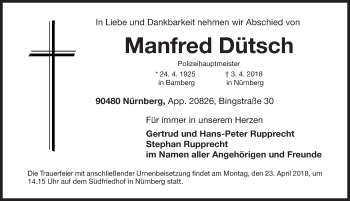 Traueranzeige von Manfred Dütsch von Gesamtausgabe Nürnberger Nachrichten/ Nürnberger Ztg.