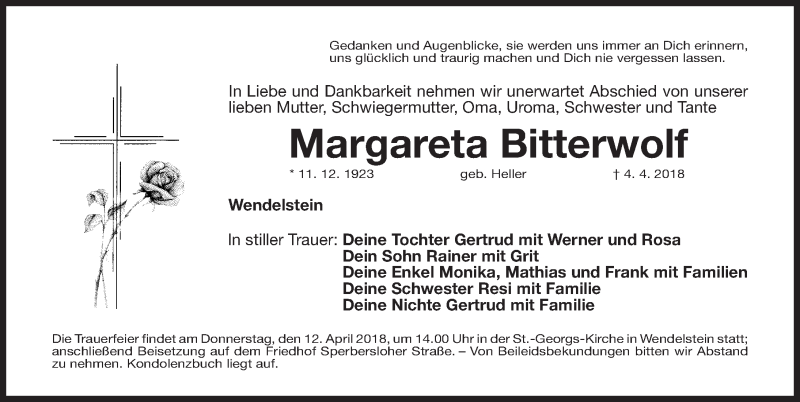  Traueranzeige für Margareta Bitterwolf vom 09.04.2018 aus Gesamtausgabe Nürnberger Nachrichten/ Nürnberger Ztg.