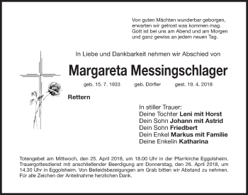 Traueranzeige von Margareta Messingschlager von Nordbayerische Nachrichten Forchheim Lokal