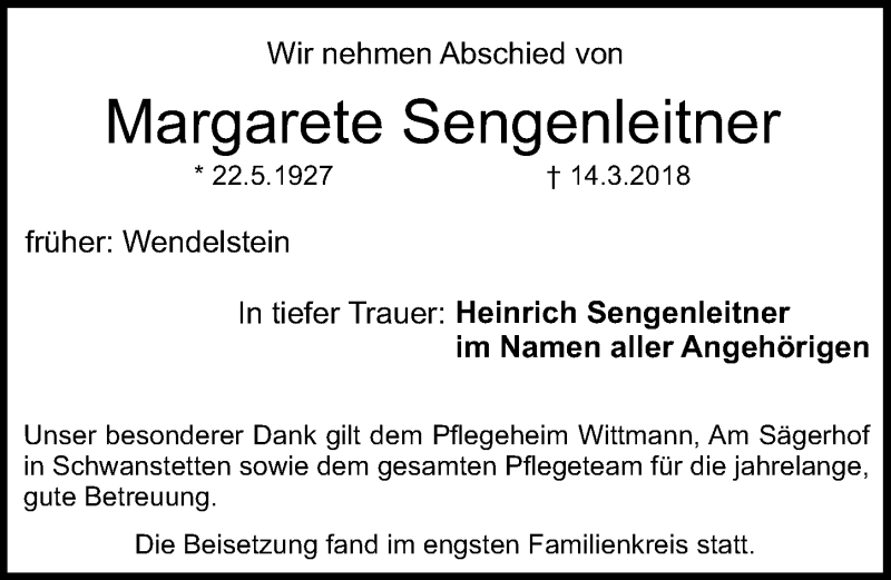  Traueranzeige für Margarete Sengenleitner vom 31.03.2018 aus Schwabach