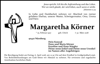 Traueranzeige von Margaretha Körner von Gesamtausgabe Nürnberger Nachrichten/ Nürnberger Ztg.
