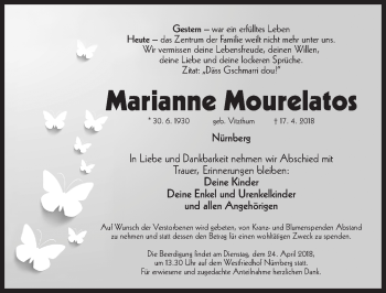 Traueranzeige von Marianne Mourelatos von Gesamtausgabe Nürnberger Nachrichten/ Nürnberger Ztg.