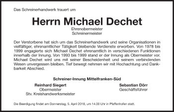 Traueranzeige von Michael Dechet von Roth-Hilpoltsteiner Volkszeitung Lokal