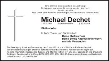 Traueranzeige von Michael Dechet von Roth-Hilpoltsteiner Volkszeitung Lokal